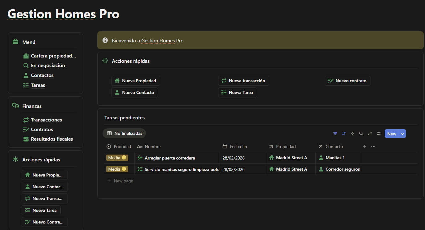 Dashboard de Gestion Homes - Vista principal con propiedades y transacciones