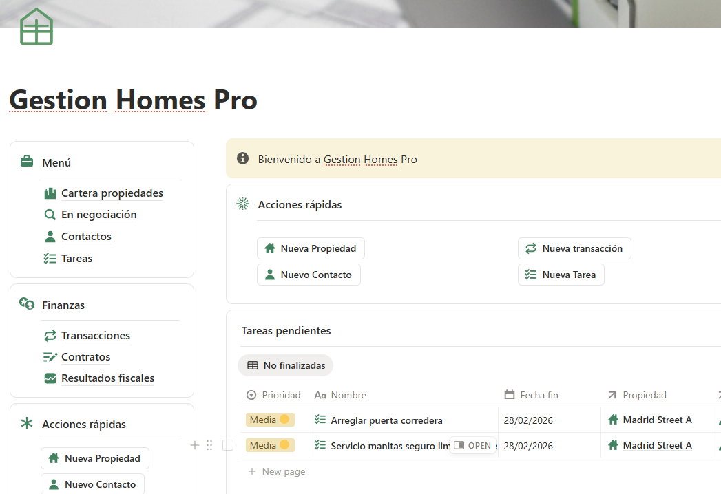 Dashboard principal de Gestion Homes